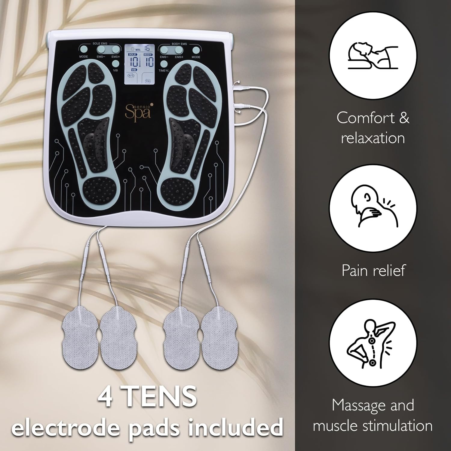 Sensio Spa Foot & Legs Blood Circulation Machine with 99 Intensity Levels, Includes 4 Gel Pads for Legs, Back & Shoulders, EMS & TENS, Remote Control, Mains or Battery Powered-2