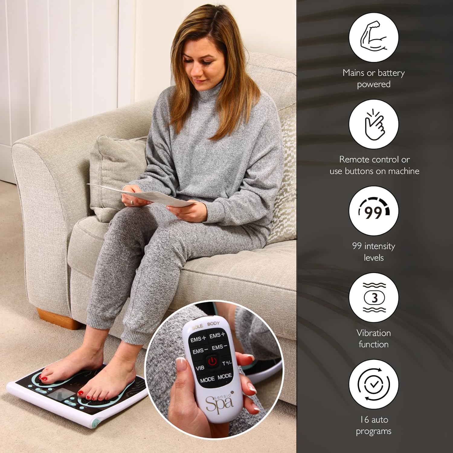 Sensio Spa Foot & Legs Blood Circulation Machine with 99 Intensity Levels, Includes 4 Gel Pads for Legs, Back & Shoulders, EMS & TENS, Remote Control, Mains or Battery Powered-5