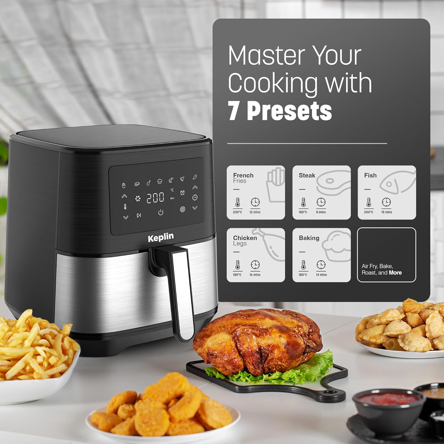 Keplin Air Fryer 5.8L Capacity, Oil Free, Energy Efficient with 7 Presets, 1700-Watt, Non-Stick, Dishwasher Safe Basket, Includes Recipe Book and Quick Start Guide-5