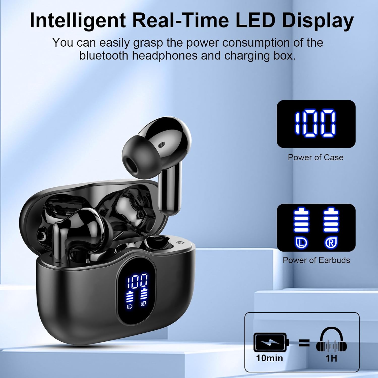 Wireless Earbuds, Bluetooth 5.4 Headphones In Ear with 4 ENC Mic, New Wireless Earphones Noise Cancelling Deep Bass, LED Display, Bluetooth Earbuds 36H Playtime, IP7 Waterproof Ear buds, USB-C, Black-4