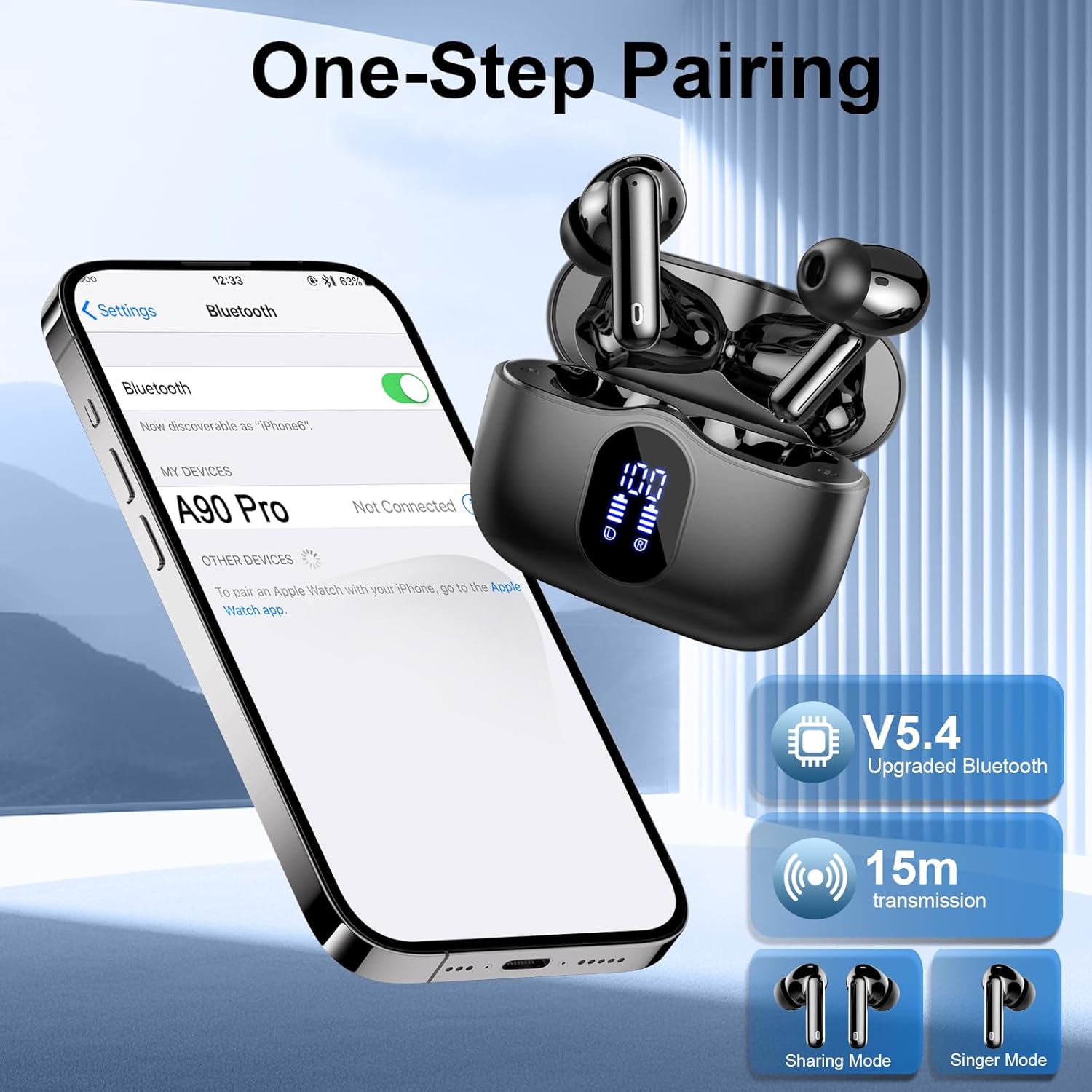 Wireless Earbuds, Bluetooth 5.4 Headphones In Ear with 4 ENC Mic, New Wireless Earphones Noise Cancelling Deep Bass, LED Display, Bluetooth Earbuds 36H Playtime, IP7 Waterproof Ear buds, USB-C, Black-5