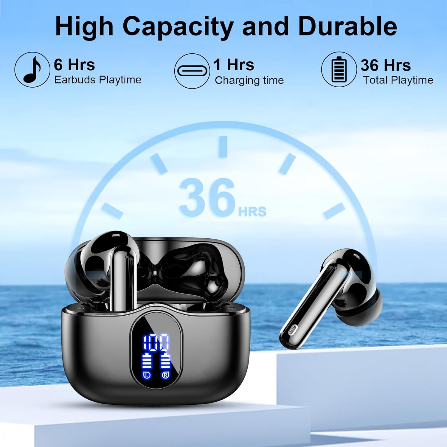 Wireless Earbuds, Bluetooth 5.4 Headphones In Ear with 4 ENC Mic, New Wireless Earphones Noise Cancelling Deep Bass, LED Display, Bluetooth Earbuds 36H Playtime, IP7 Waterproof Ear buds, USB-C, Black-6