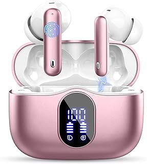 Wireless Earbuds, Bluetooth 5.4 Headphones In Ear with 4 ENC Mic, New Wireless Earphones Noise Cancelling Deep Bass, LED Display, Bluetooth Earbuds 36H Playtime IP7 Waterproof Ear buds USB-C Rose Gold