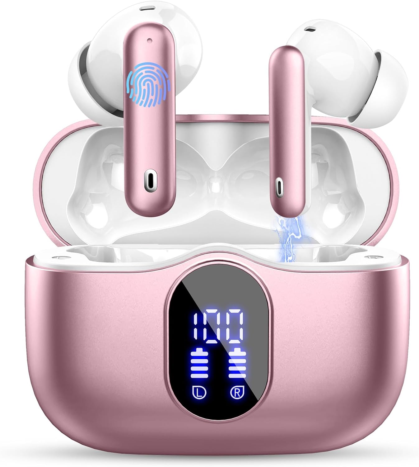 Wireless Earbuds, Bluetooth 5.4 Headphones In Ear with 4 ENC Mic, New Wireless Earphones Noise Cancelling Deep Bass, LED Display, Bluetooth Earbuds 36H Playtime IP7 Waterproof Ear buds USB-C Rose Gold-0