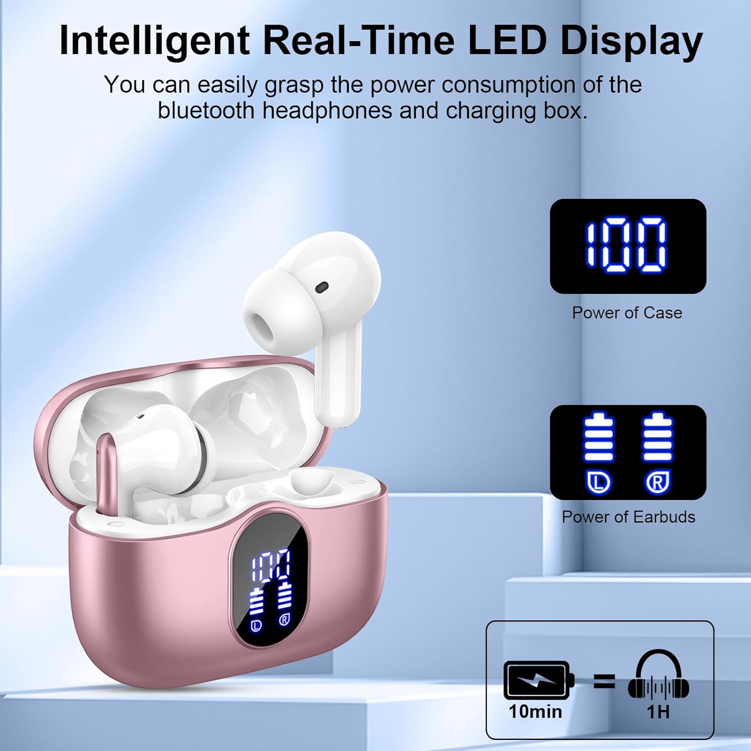 Wireless Earbuds, Bluetooth 5.4 Headphones In Ear with 4 ENC Mic, New Wireless Earphones Noise Cancelling Deep Bass, LED Display, Bluetooth Earbuds 36H Playtime IP7 Waterproof Ear buds USB-C Rose Gold-4