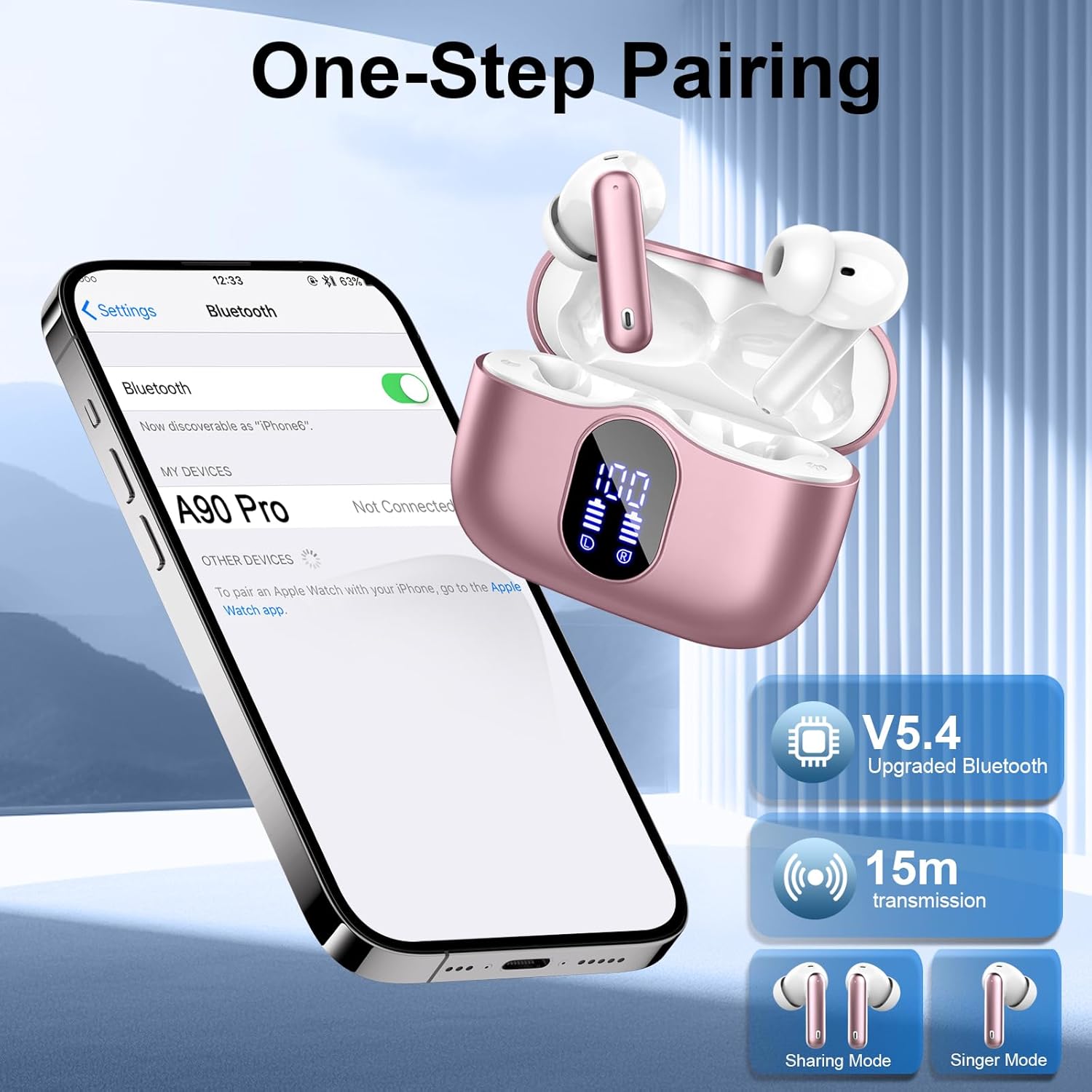 Wireless Earbuds, Bluetooth 5.4 Headphones In Ear with 4 ENC Mic, New Wireless Earphones Noise Cancelling Deep Bass, LED Display, Bluetooth Earbuds 36H Playtime IP7 Waterproof Ear buds USB-C Rose Gold-5