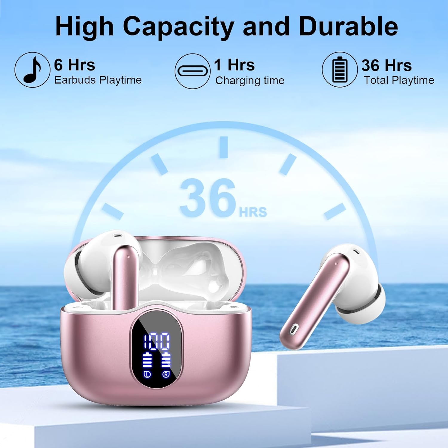 Wireless Earbuds, Bluetooth 5.4 Headphones In Ear with 4 ENC Mic, New Wireless Earphones Noise Cancelling Deep Bass, LED Display, Bluetooth Earbuds 36H Playtime IP7 Waterproof Ear buds USB-C Rose Gold-6