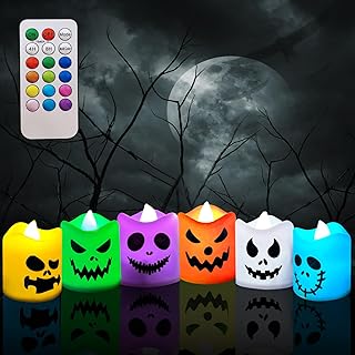 Jsdoin 6PCS Halloween Flameless Votive Candles,LED Tea Lights Candle with Remote Control,Battery Operated Halloween LED Flickering Candles,Spooky Candles Halloween Festival Party Decoration Indoor