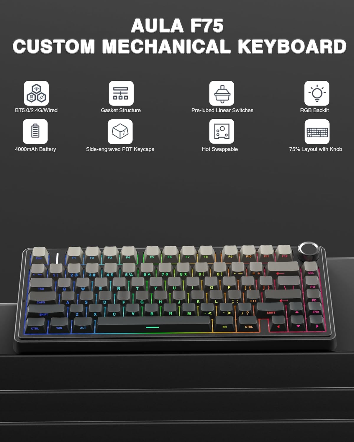 AULA F75 75% Wireless Mechanical Keyboard,2.4Ghz/Type-C/BT5.0 Mechanical Keyboard,Side Engraved Gasket Hot Swappable Custom Keyboard,Pre-lubed Reaper Switches RGB Backlit Gaming Keyboard(Black)-1