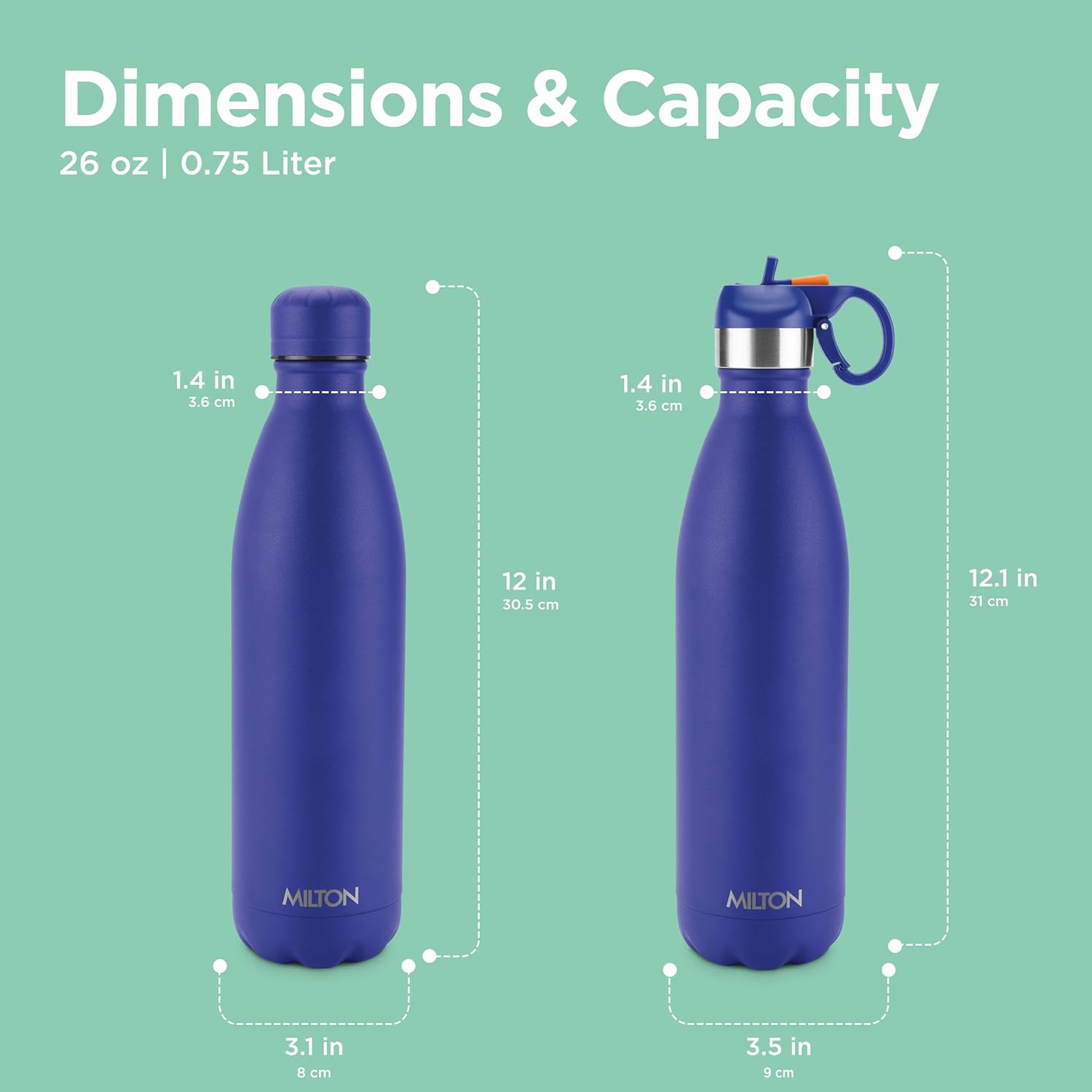 Milton 26 oz Stainless Steel Water Bottle with 2 Lids, Double Walled Vacuum Insulated,Flask for Hot and Cold Drinks, Leakproof Design, Dishwasher Safe, Ideal for Sports, Gym & Travel, Larvik-6