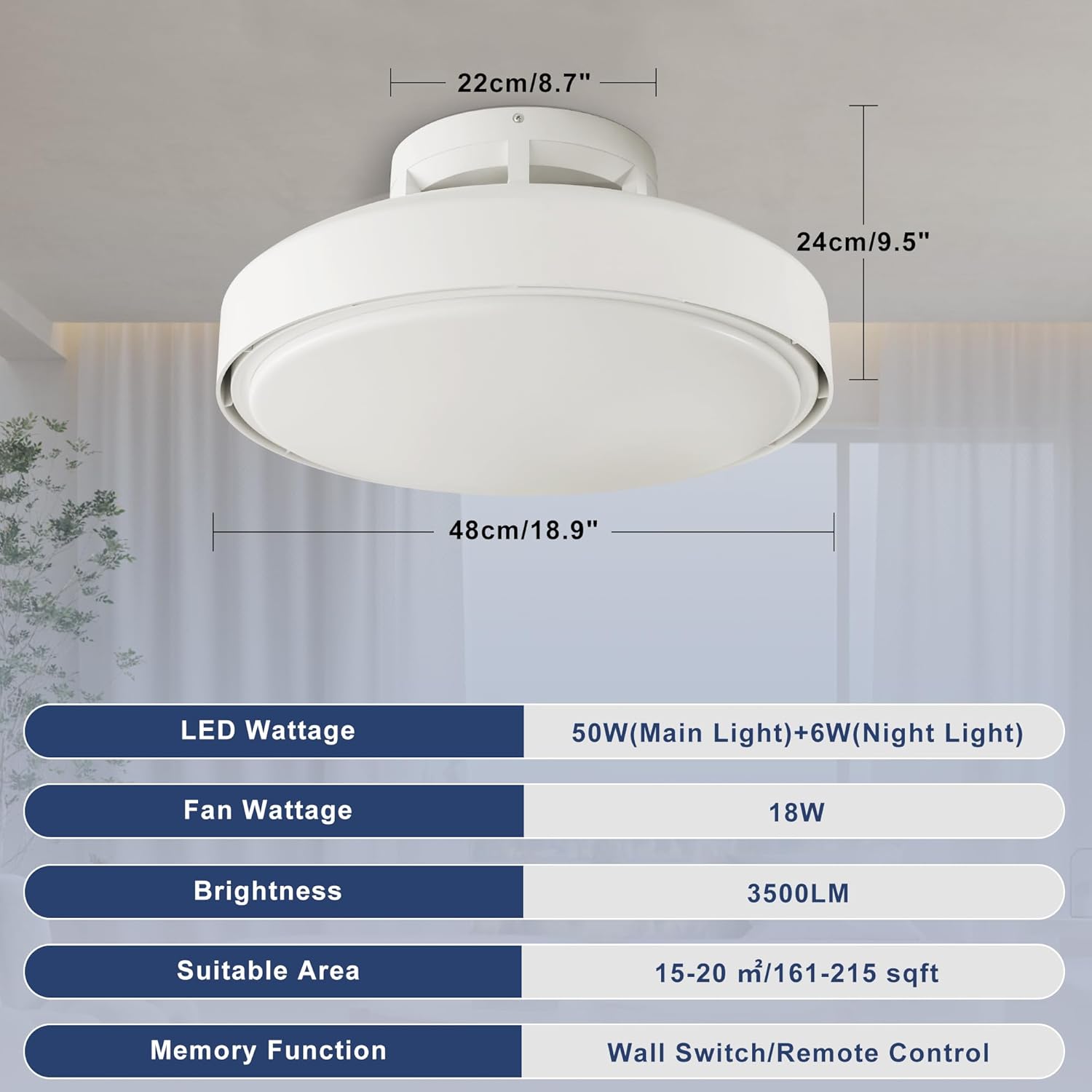 LMP LED 74W Ceiling Fan with Lights and Remote Control, 48CM Modern Silent Ceiling Fans with Lamps for Bedroom Living Room, Bladeless Quiet Light Fitting Fan Ceiling Flush Mount, White-6