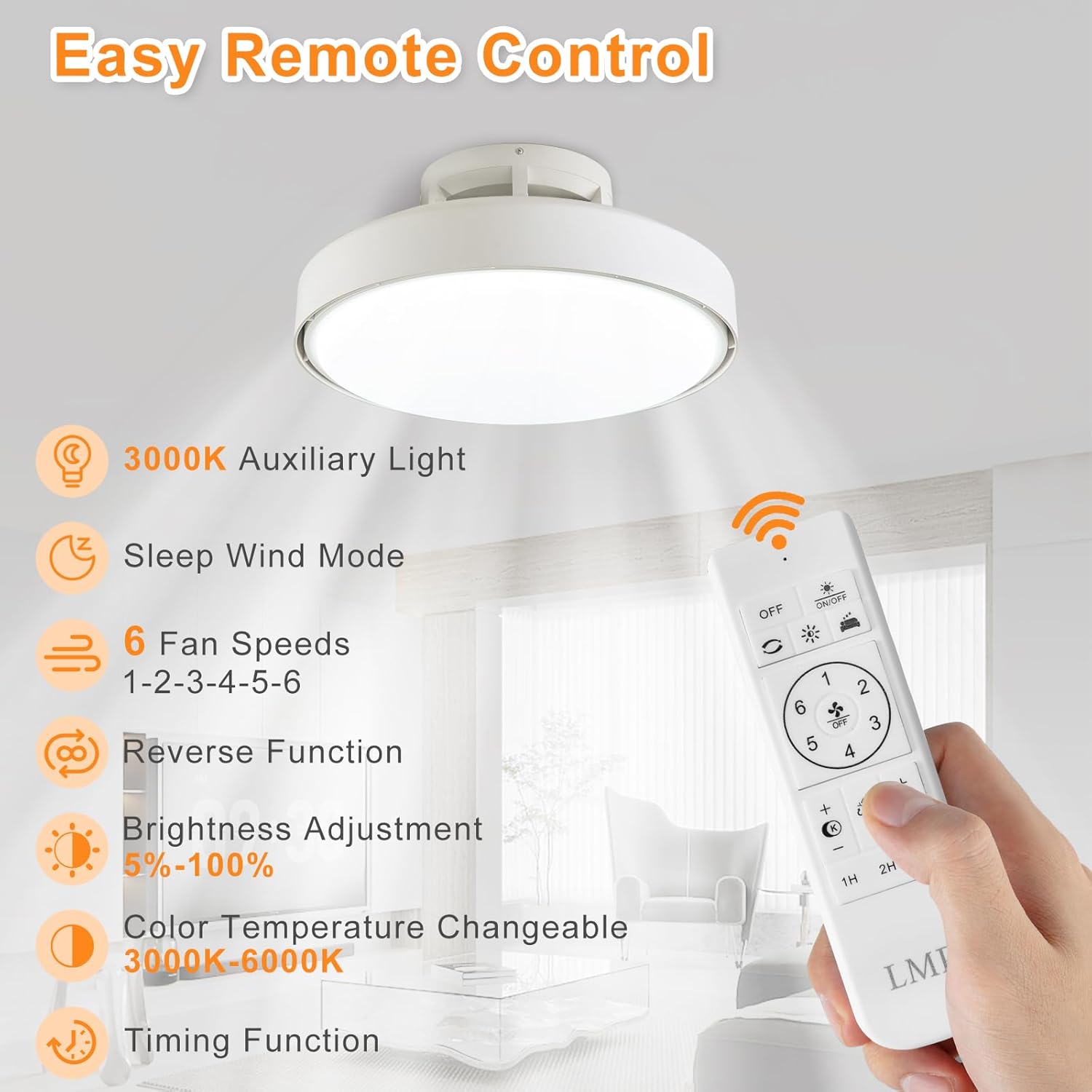 LMP LED 74W Ceiling Fan with Lights and Remote Control, 48CM Modern Silent Ceiling Fans with Lamps for Bedroom Living Room, Bladeless Quiet Light Fitting Fan Ceiling Flush Mount, White-7