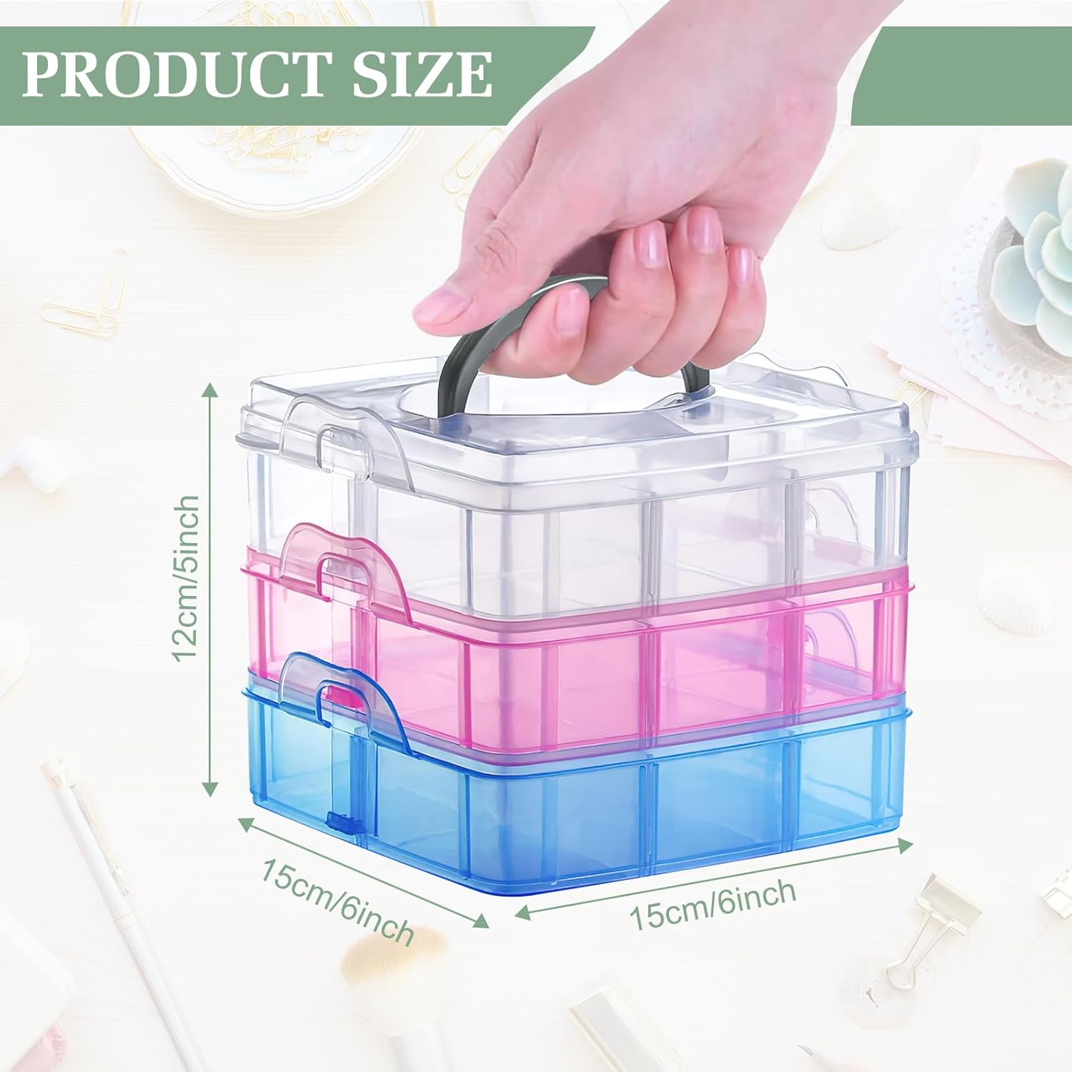 3-Tier Craft Storage Box, Adjustable Storage Box with 18 Compartments, Plastic Detachable Storage Space Box, Transparent Divider Organizer with Handle, Stackable Tiered Box for Stationery Jewelry-1