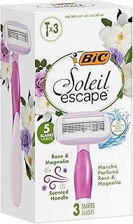 BIC Soleil Escape 5 Blade Womens Disposable Razor Pack of 3 with Rose and Magnolia Scented Moisturizing Strip