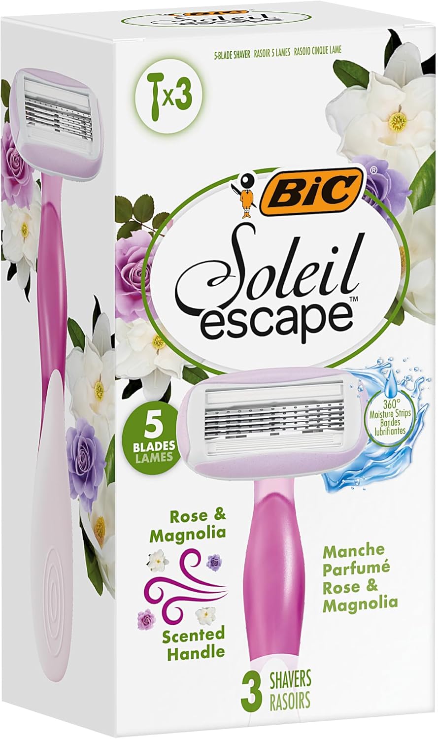 BIC Soleil Escape 5 Blade Womens Disposable Razor Pack of 3 with Rose and Magnolia Scented Moisturizing Strip-0