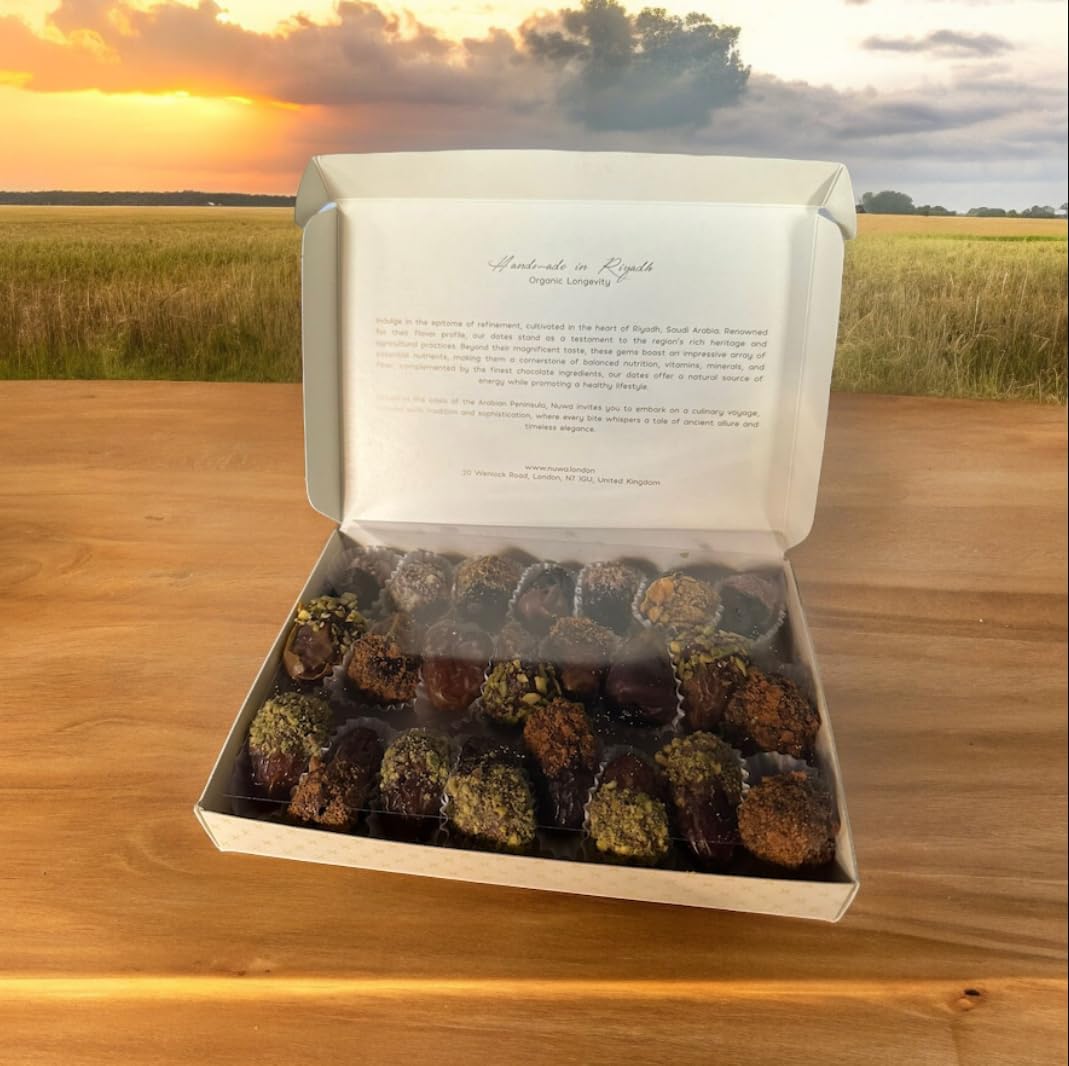 Nuwa™ Luxury Chocolate Dates - Organic Longevity (Large - 23pcs) Handmade in Riyadh - Coated Filled with Milk/Dark Premium Belgian Chocolate & Nuts Gift Box Healthy Treats Medjool Ajwa Sukari (L)-1