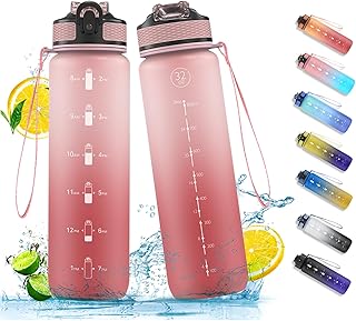 NAVTUE Water Bottle, 1L Sports Water Bottle with Straw, Time Markings, Leak Proof, Tritan BPA free for School/Cycling/Running (LightPink)