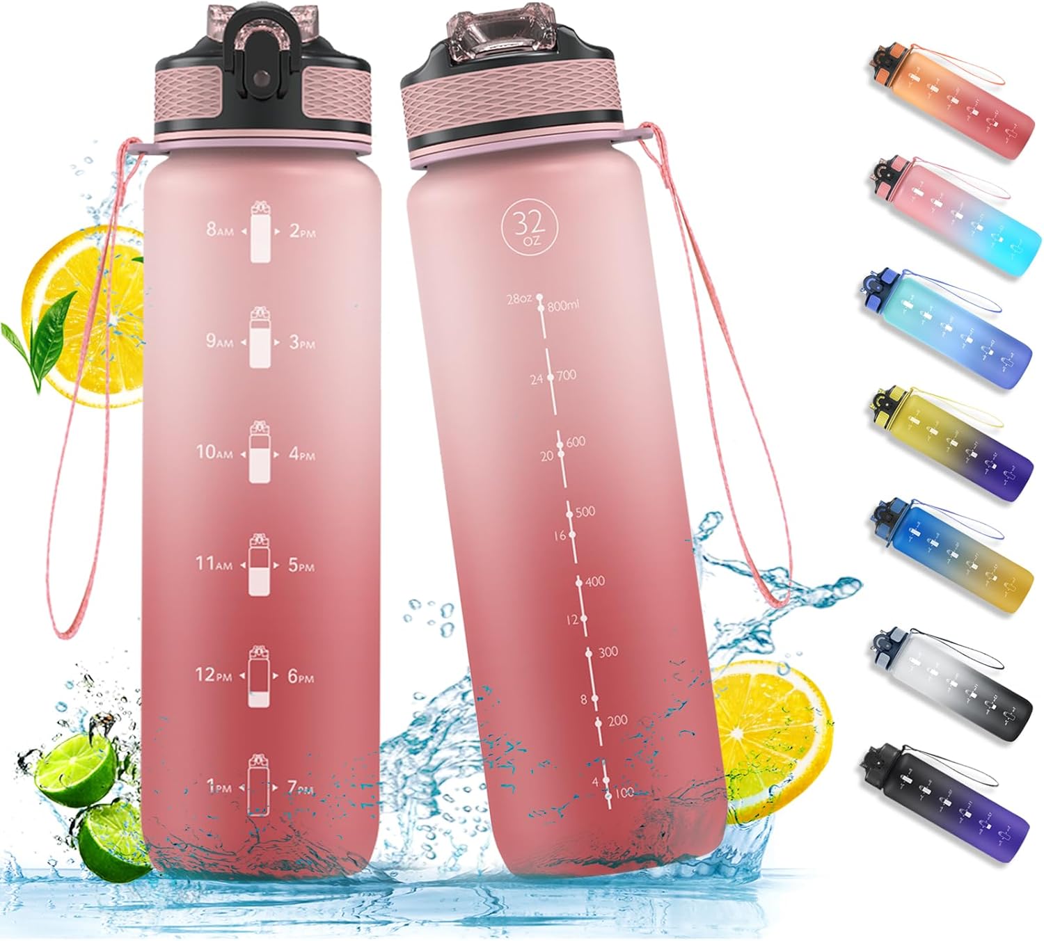 NAVTUE Water Bottle, 1L Sports Water Bottle with Straw, Time Markings, Leak Proof, Tritan BPA free for School/Cycling/Running (LightPink)-0