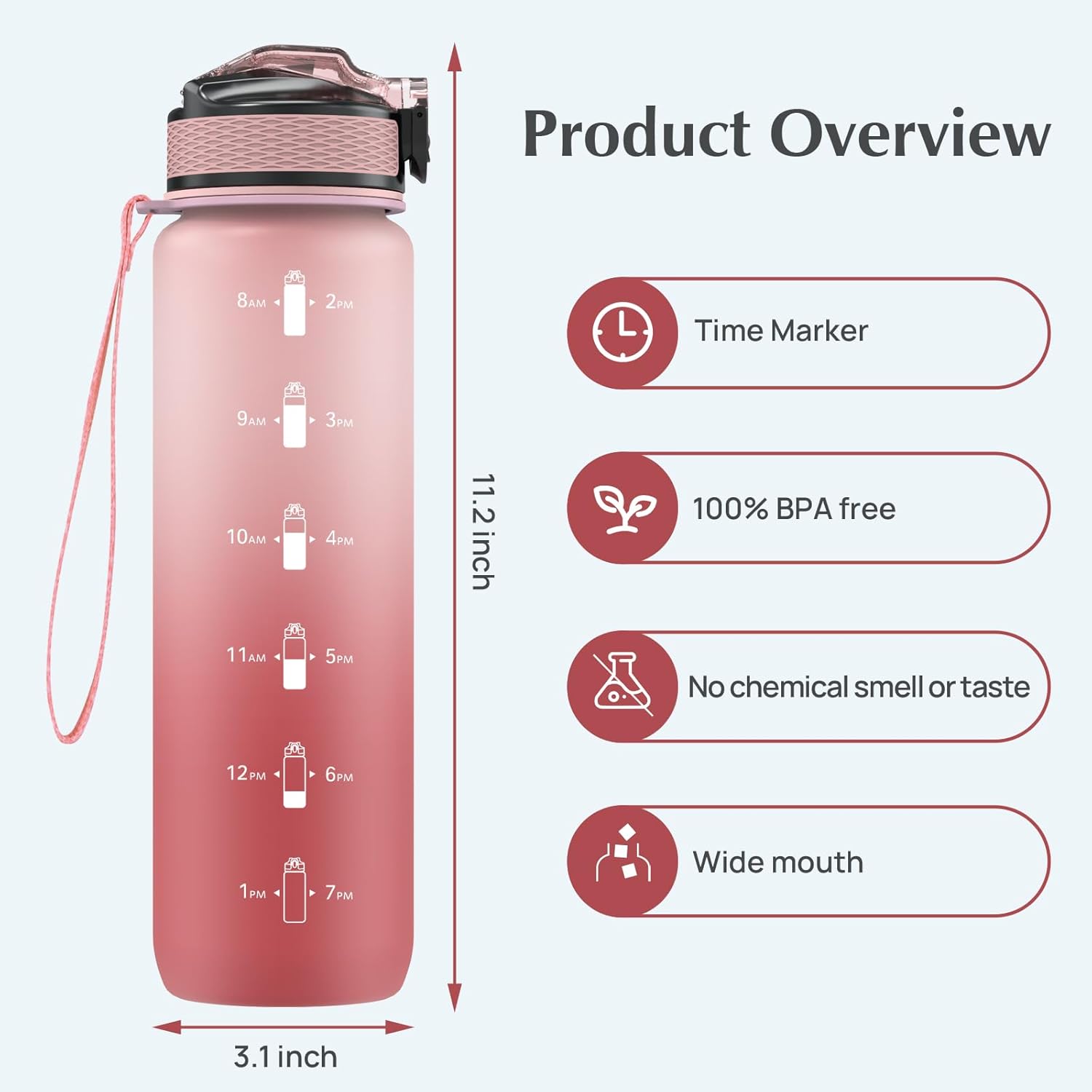 NAVTUE Water Bottle, 1L Sports Water Bottle with Straw, Time Markings, Leak Proof, Tritan BPA free for School/Cycling/Running (LightPink)-1