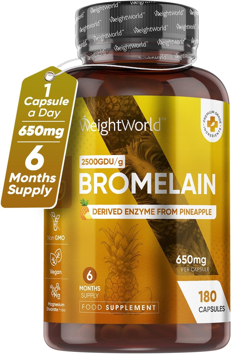 Bromelain High Strength Supplement 650mg - High Potent 2500GDU/g per Serving - 180 Vegan Capsules (Not Bromelain Tablets) - Enzyme Nutritional Supplements - Naturally Derived Enzyme from Pineapple-0