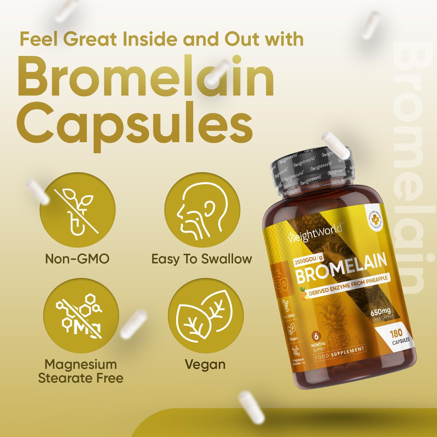 Bromelain High Strength Supplement 650mg - High Potent 2500GDU/g per Serving - 180 Vegan Capsules (Not Bromelain Tablets) - Enzyme Nutritional Supplements - Naturally Derived Enzyme from Pineapple-4