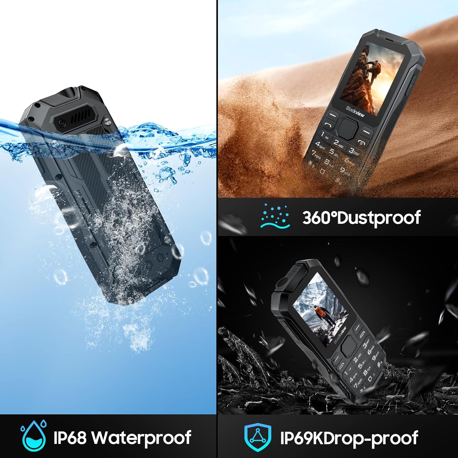 Blackview N1000 4G Rugged Basic Phone, Big Button Mobile Phone for Elderly, 4GB ROM+512GB TF, 3300mAh, IP68/IP69K Waterproof Phone, 2.4" Scree, Dumb Phone, SOS Button, Dual SIM, GPS, Torch-3