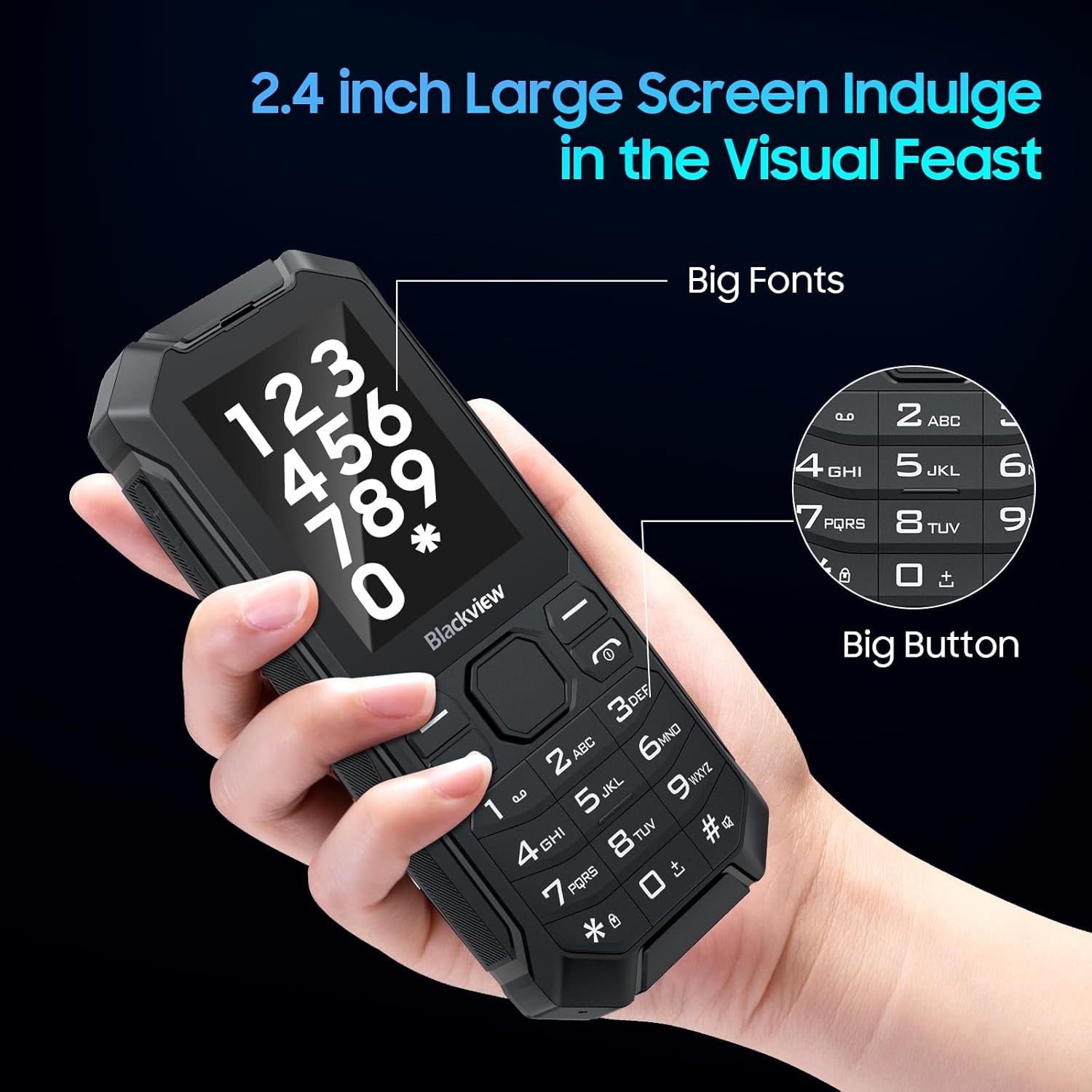 Blackview N1000 4G Rugged Basic Phone, Big Button Mobile Phone for Elderly, 4GB ROM+512GB TF, 3300mAh, IP68/IP69K Waterproof Phone, 2.4" Scree, Dumb Phone, SOS Button, Dual SIM, GPS, Torch-4