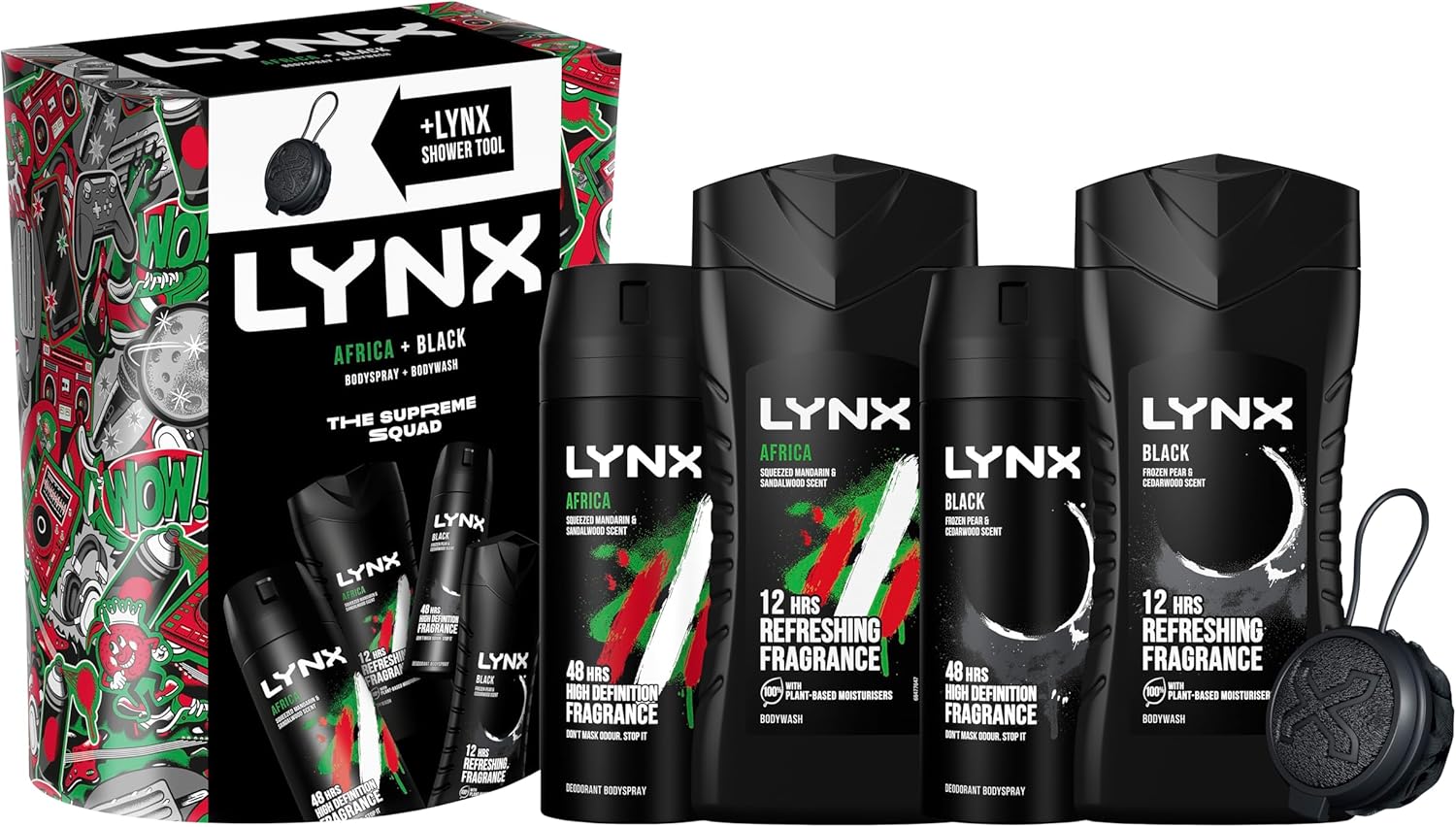 LYNX Africa & Black The Deodorant Gift Set Shower Tool, 2x Body Wash & 2x Body Spray perfect for his daily routine 4 piece-0