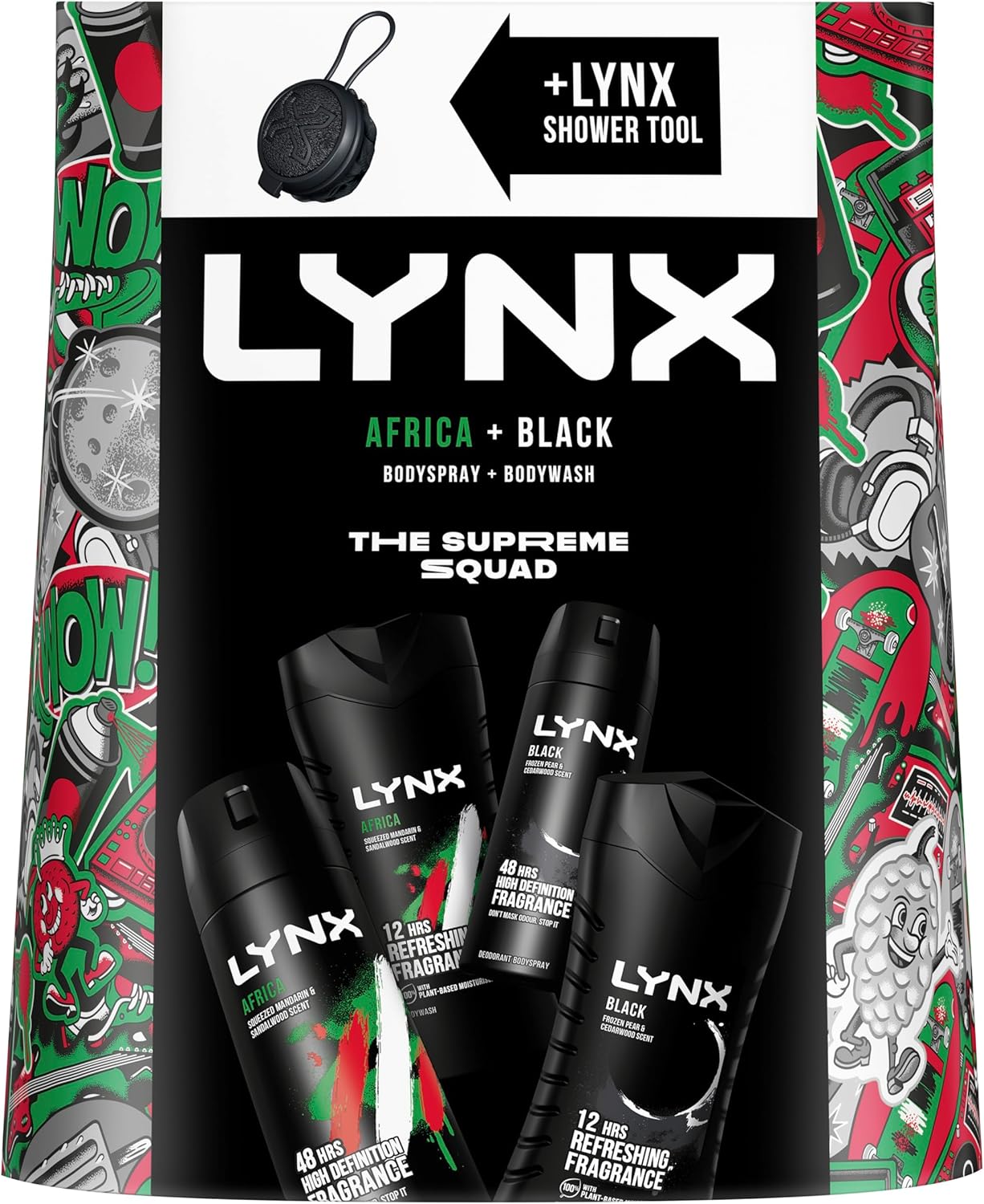 LYNX Africa & Black The Deodorant Gift Set Shower Tool, 2x Body Wash & 2x Body Spray perfect for his daily routine 4 piece-1