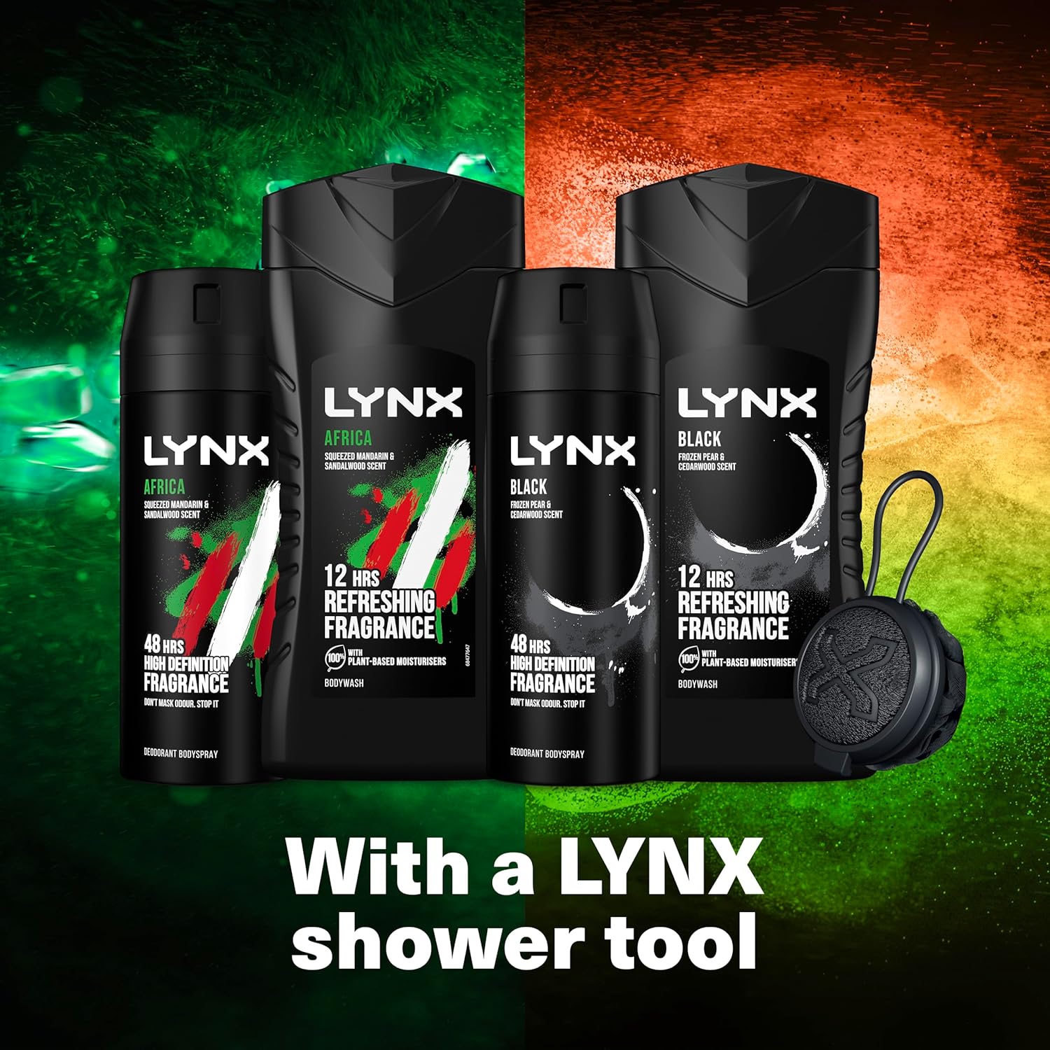 LYNX Africa & Black The Deodorant Gift Set Shower Tool, 2x Body Wash & 2x Body Spray perfect for his daily routine 4 piece-2