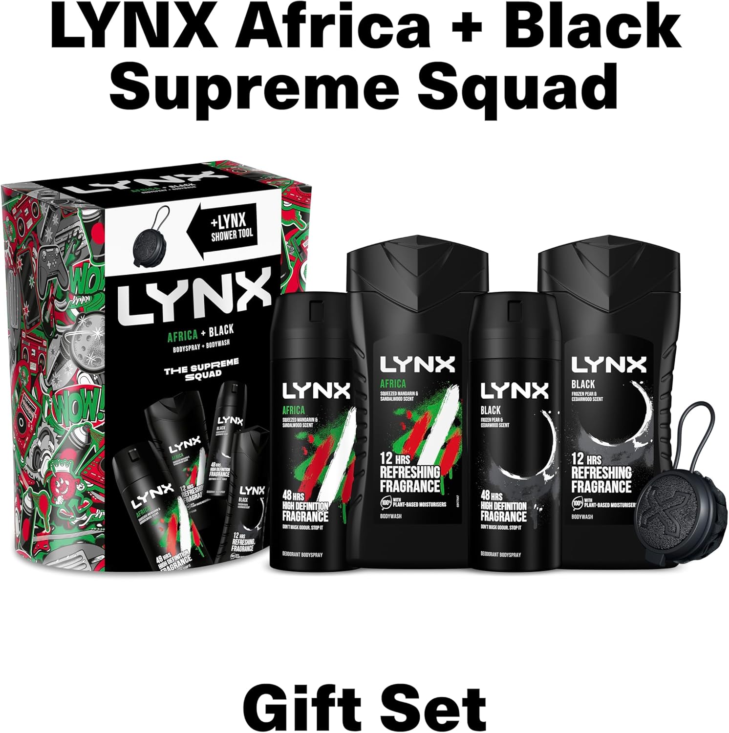 LYNX Africa & Black The Deodorant Gift Set Shower Tool, 2x Body Wash & 2x Body Spray perfect for his daily routine 4 piece-4