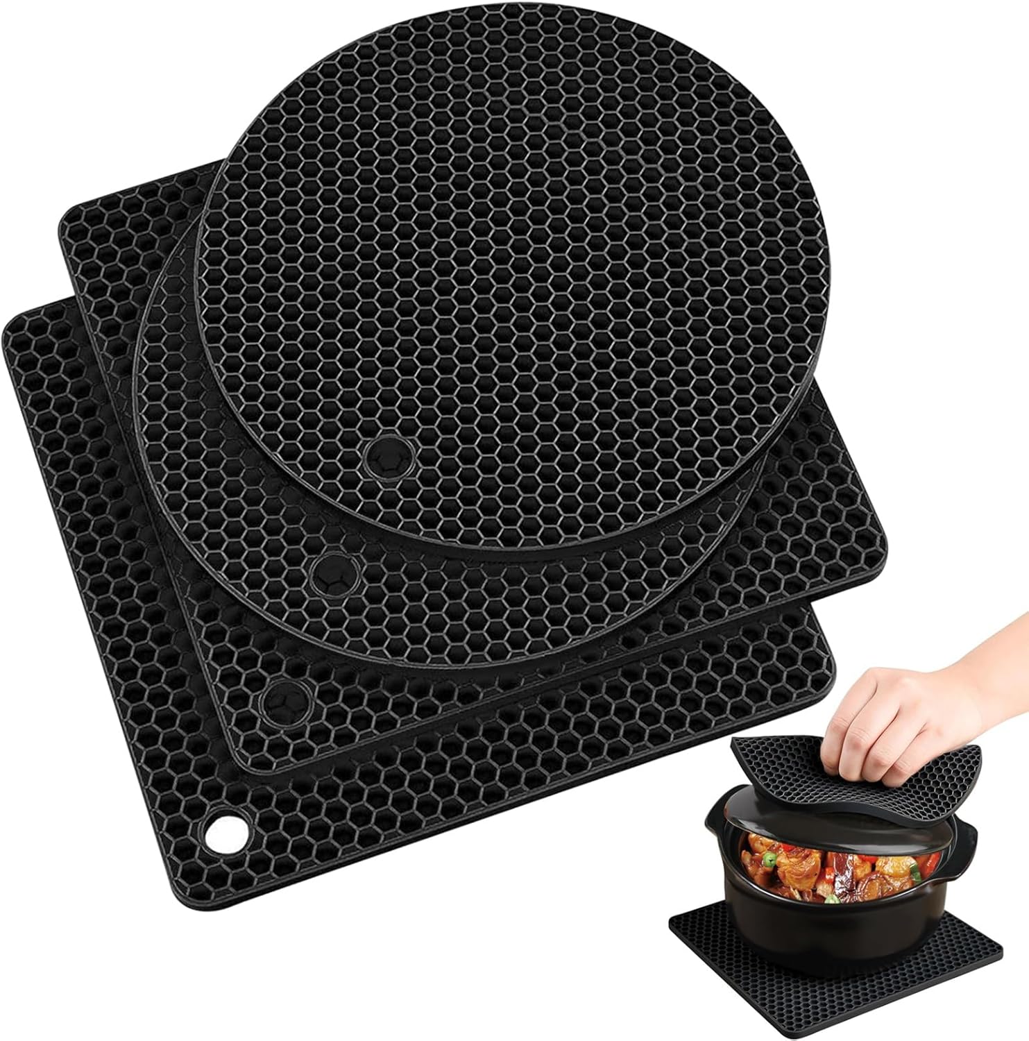 4 Pack Silicone Trivet Mats, Extra Thick Heat Resistant Multi-purpose None slip Silicone Trivet Mat, 18cm Hot Pot Pads Oven Mitt for Kitchen Cooking Dining Microwave, Square and Round, Black-0