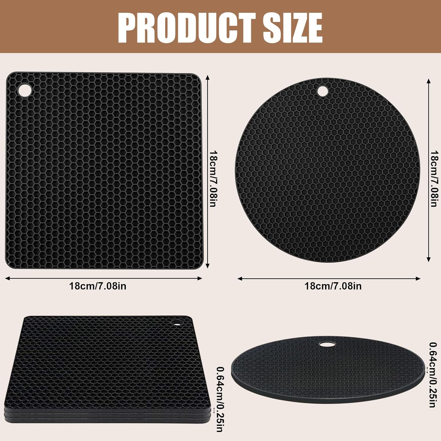 4 Pack Silicone Trivet Mats, Extra Thick Heat Resistant Multi-purpose None slip Silicone Trivet Mat, 18cm Hot Pot Pads Oven Mitt for Kitchen Cooking Dining Microwave, Square and Round, Black-1