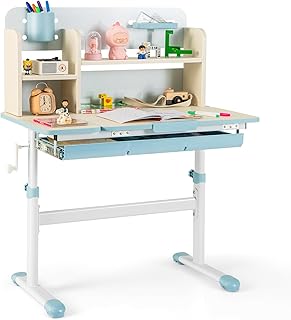 GYMAX Kids Desk, Height Adjustable Writing Table with Tiltable Desktop, Storage Shelf, Drawer, Pen Holder & Ruler, School Home Children Study Desk for 3-12 Years Old Boys Girls (Blue)