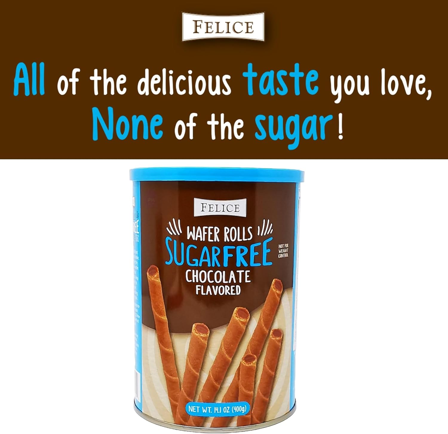 PACK OF 2 Felice Sugar Free Chocolate Flavoured Wafer Rolls in Resealable Tin (2x 400g)-1