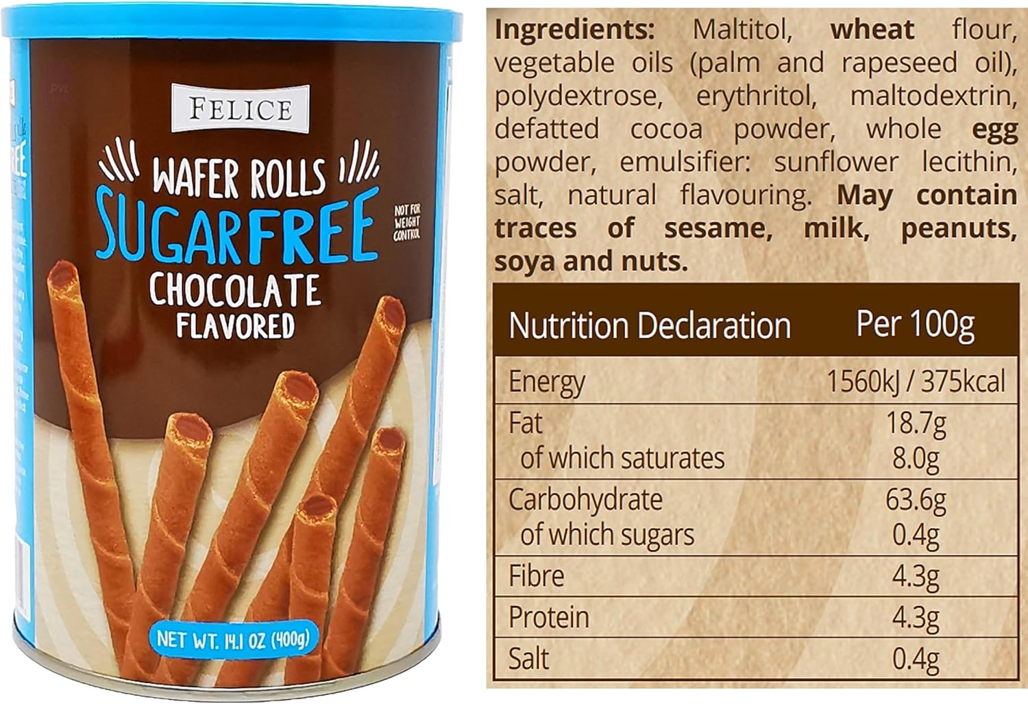 PACK OF 2 Felice Sugar Free Chocolate Flavoured Wafer Rolls in Resealable Tin (2x 400g)-3