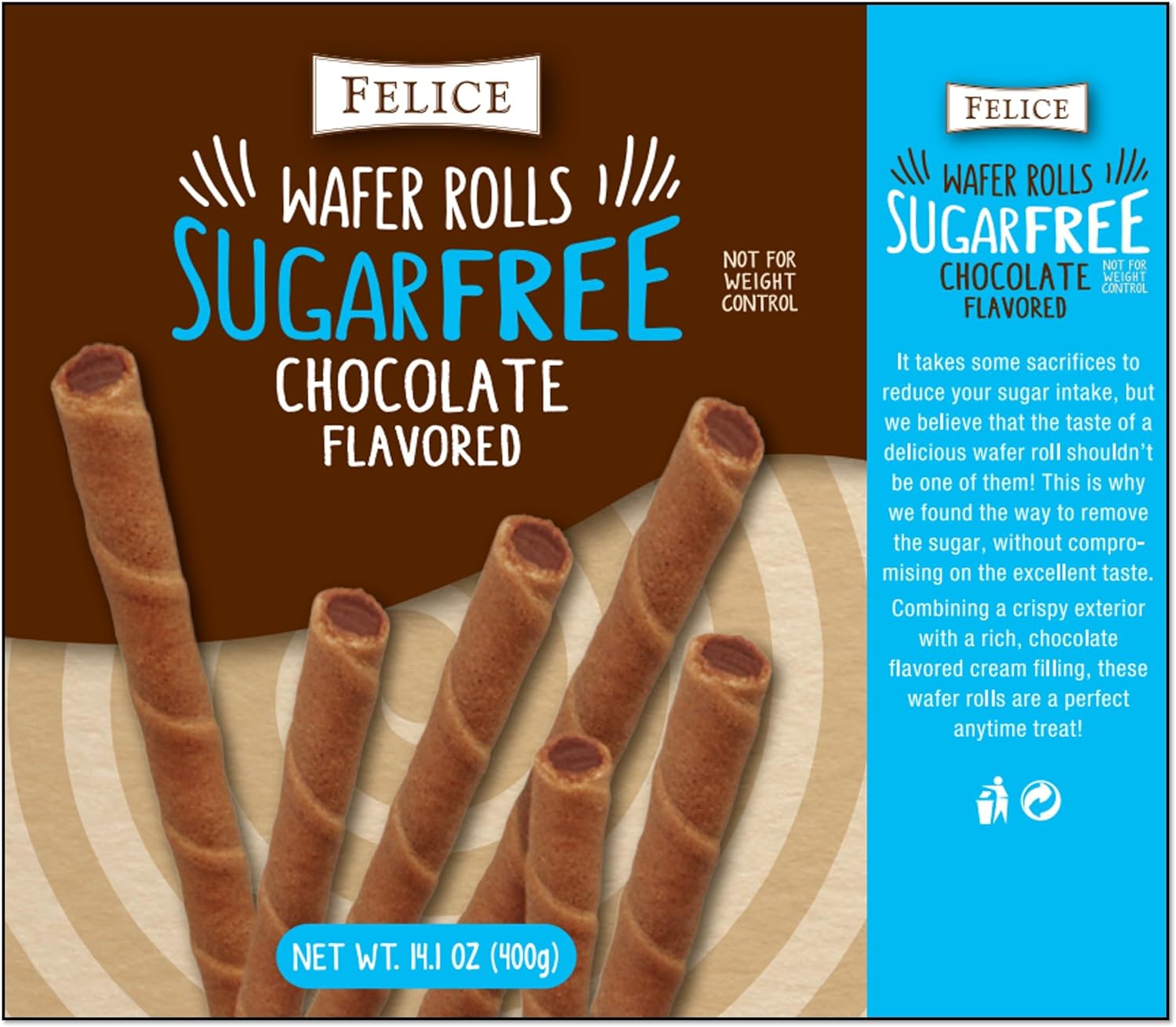 PACK OF 2 Felice Sugar Free Chocolate Flavoured Wafer Rolls in Resealable Tin (2x 400g)-5