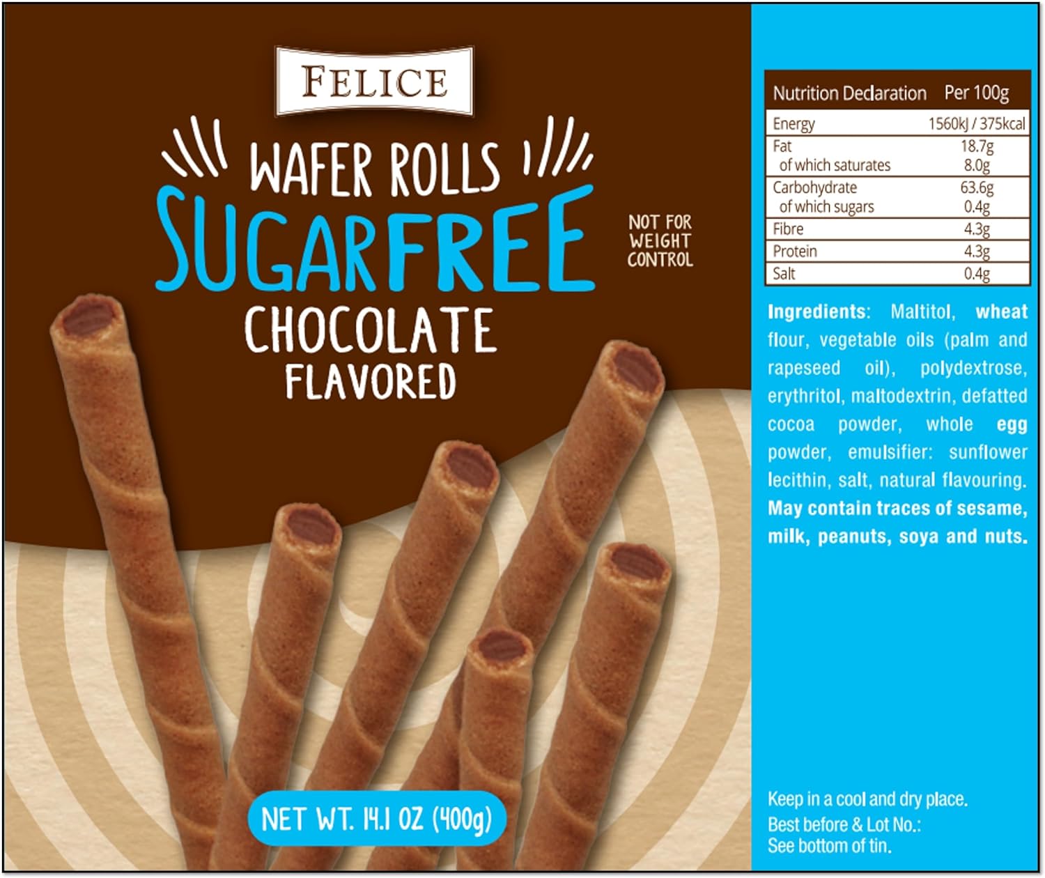 PACK OF 2 Felice Sugar Free Chocolate Flavoured Wafer Rolls in Resealable Tin (2x 400g)-6