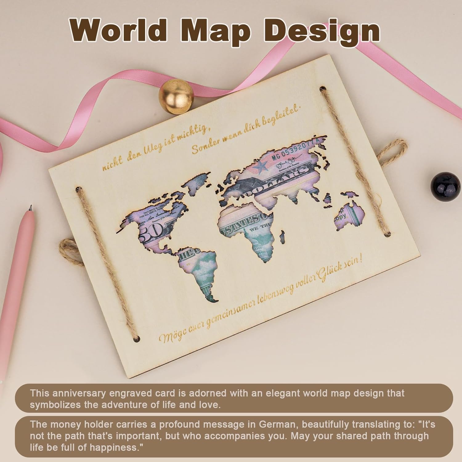 CYZBL Travel World Map Wedding Gift Made of Wood, Personalised Wedding Card Money Case, Travel Honeymoon Money Gift, Money Gifts Packaging, Money Cards for Packaging for Bride Groom-2