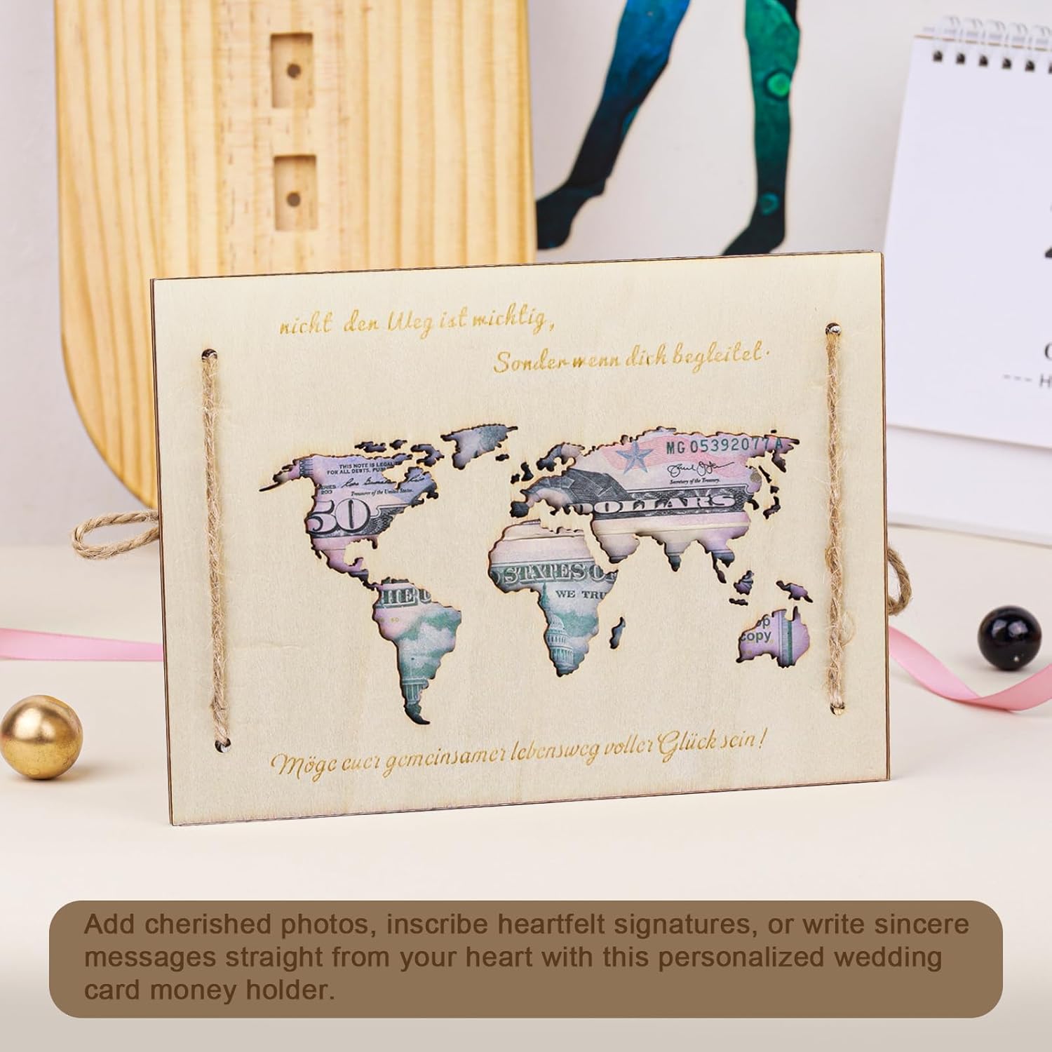 CYZBL Travel World Map Wedding Gift Made of Wood, Personalised Wedding Card Money Case, Travel Honeymoon Money Gift, Money Gifts Packaging, Money Cards for Packaging for Bride Groom-4