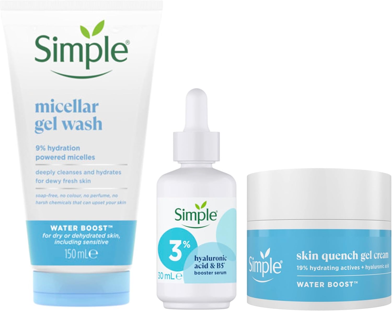 Simple Water Boost Skin Quench Gel Face Cream for Dry Skin 50 ml + Simple 3% Hyaluronic Acid + B5* Booster Serum Serum 30 ml & Simple Water Boost Micellar 100% Soap-Free Face Cleanser 150 ml-0