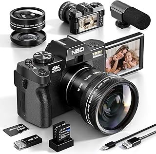 NBD 4K Digital Cameras for Photography - 48MP/60FPS Video Camera for Vlogging, WiFi & App Control, YouTube Vlogging Camera with 32GB TF Card. Wide-Angle & Macro Lens Included (Black)