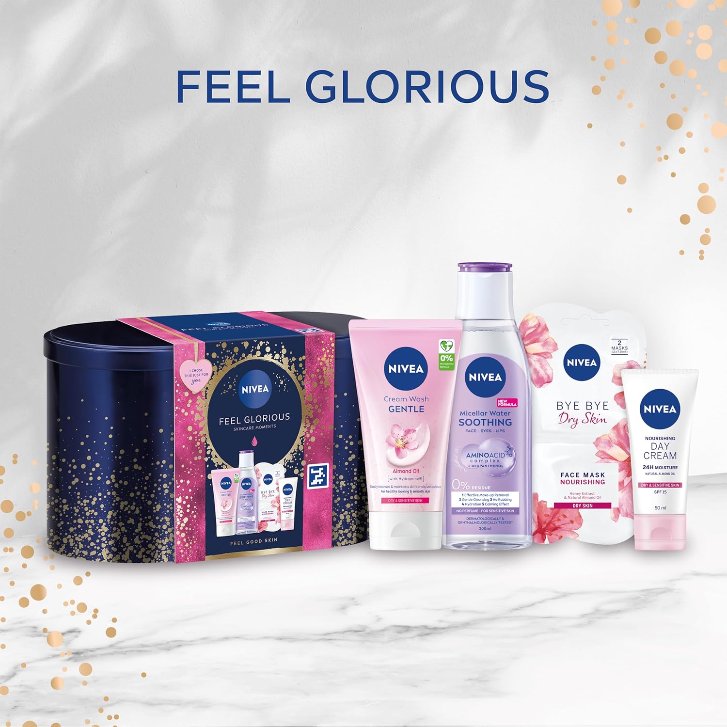 NIVEA Feel Glorious Gift Set (5 Products), Women's Gift Set with Beauty Products, Includes Micellar Water, Face Mask, Day Cream, Cream Wash, with Stylish Oval Tin-1