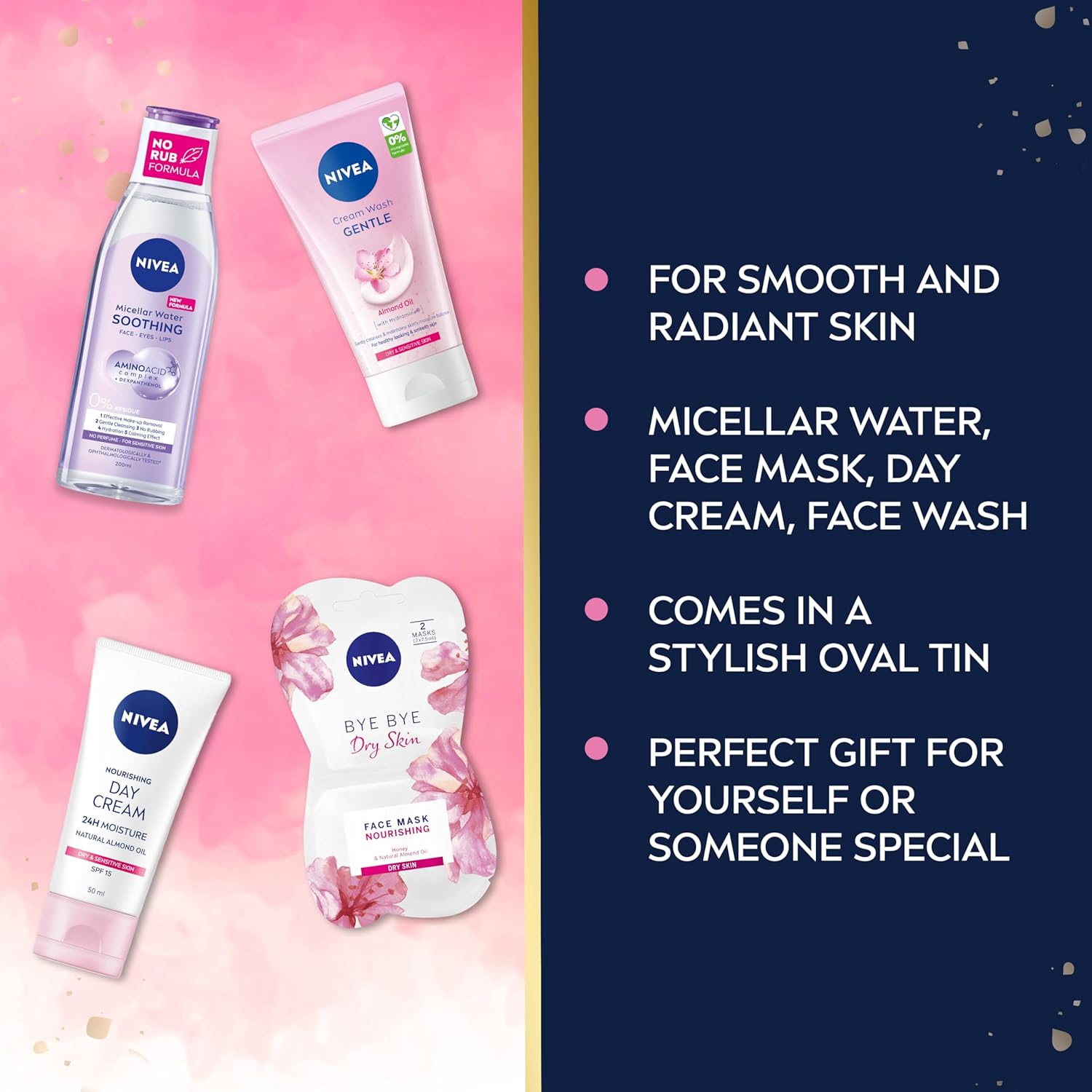 NIVEA Feel Glorious Gift Set (5 Products), Women's Gift Set with Beauty Products, Includes Micellar Water, Face Mask, Day Cream, Cream Wash, with Stylish Oval Tin-2