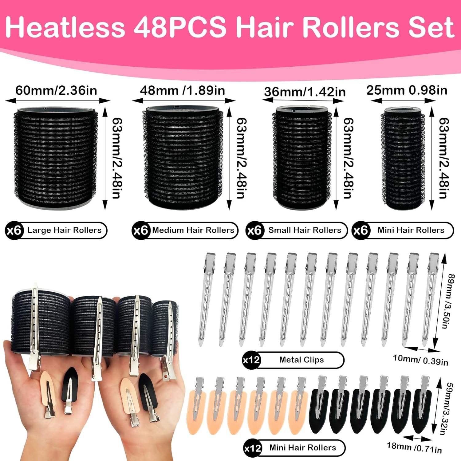 TOPBELIEF 48PCS Hair Rollers with Clips, Self Grip Hair Rollers, Large Hair Rollers, Curlers Rollers with 4 Sizes 60mm 48mm 36mm 25mm, for Long Medium Short Hair DIY Hairdressing (Black)-1