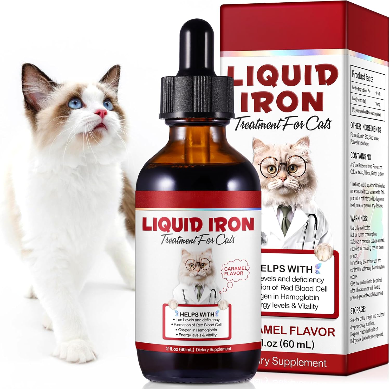 Iron Supplements for Cats, 60ML Liquid Iron with Folate and B12 Supports Anemia, Low Enery Levels and Lethargy, Promotes Red Blood Cell Formation and Blood Health-0