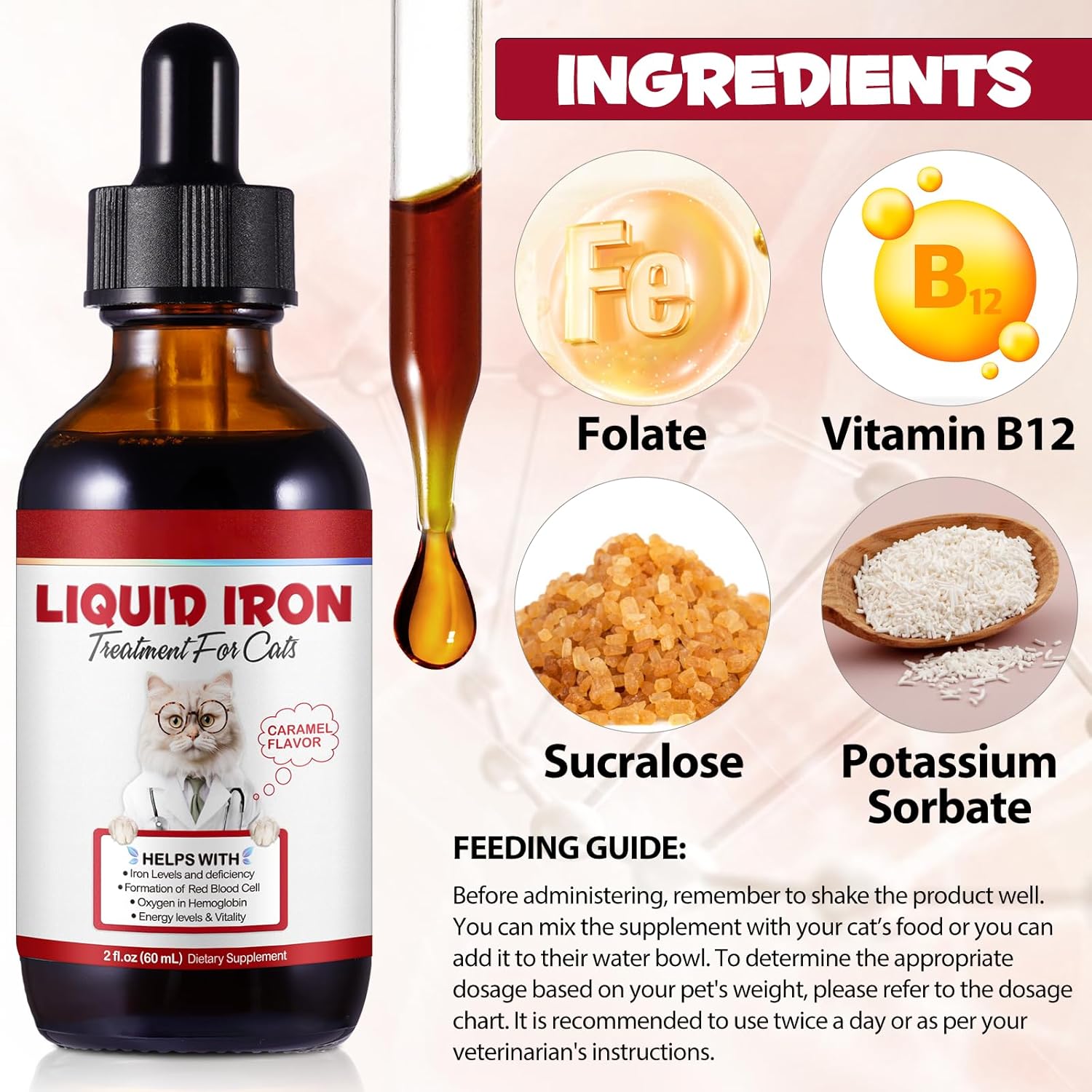 Iron Supplements for Cats, 60ML Liquid Iron with Folate and B12 Supports Anemia, Low Enery Levels and Lethargy, Promotes Red Blood Cell Formation and Blood Health-2