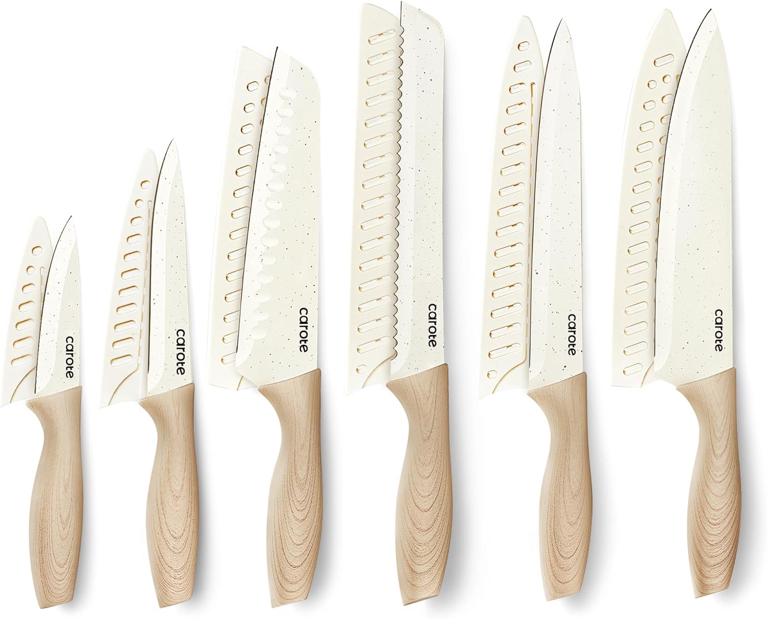 CAROTE 12PCS Knife Set with Blade Guards,Granite Nonstick Ceramic Coating,Stainless Steel Blade, Wooden Handle, Essential Knife Set,White-0