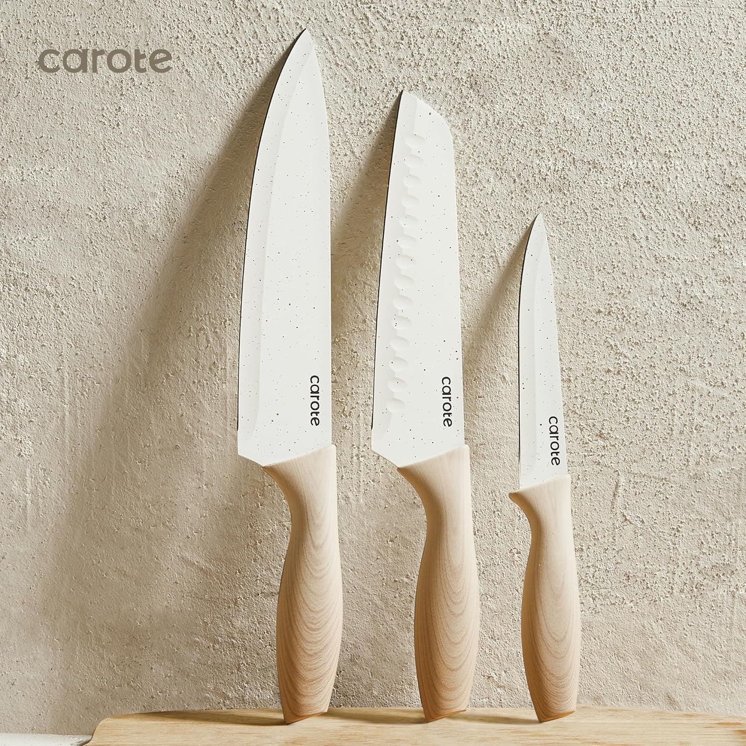 CAROTE 12PCS Knife Set with Blade Guards,Granite Nonstick Ceramic Coating,Stainless Steel Blade, Wooden Handle, Essential Knife Set,White-4