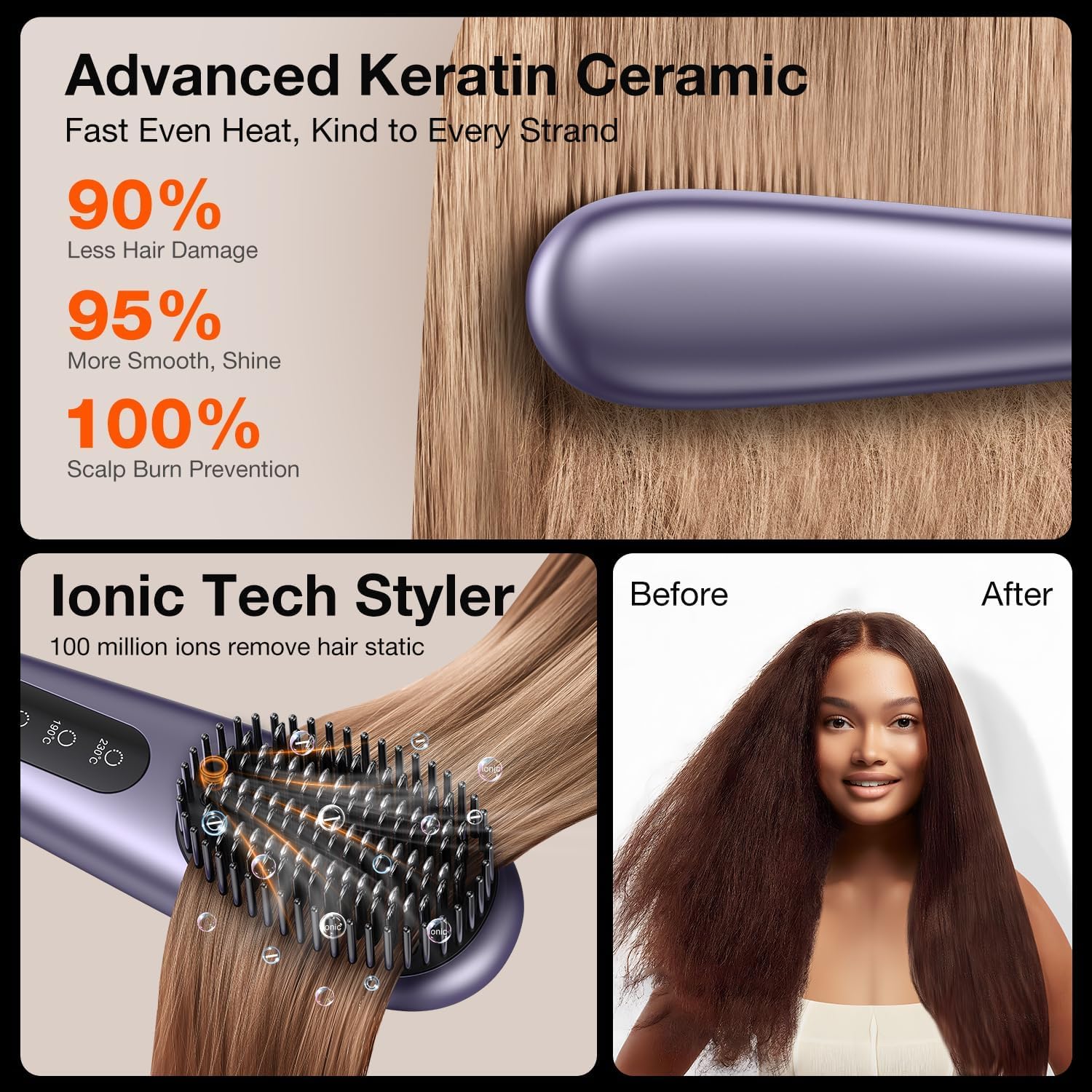 [2024 Upgraded] llano Cordless Hair Straightener Brush,Portable Mini Straightening Brush for Travel,Negative Ion Hot Comb Hair Straightener for Women,6400 mAh USB Rechargeable,100M+-7